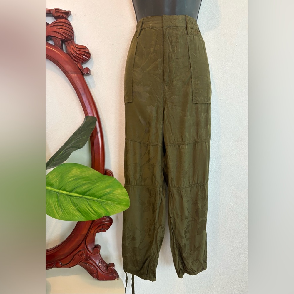 Anthropologie Olive Green Floral Satin Textured Jogger Style Pants